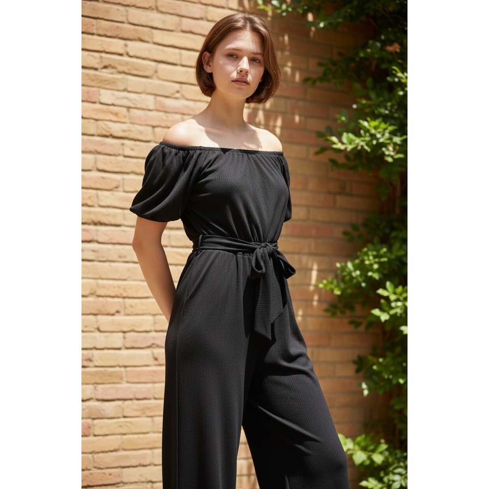 Trixxi Los Angeles Black Off Shoulder Puff Sleeve Wide Leg Jumpsuit Large L